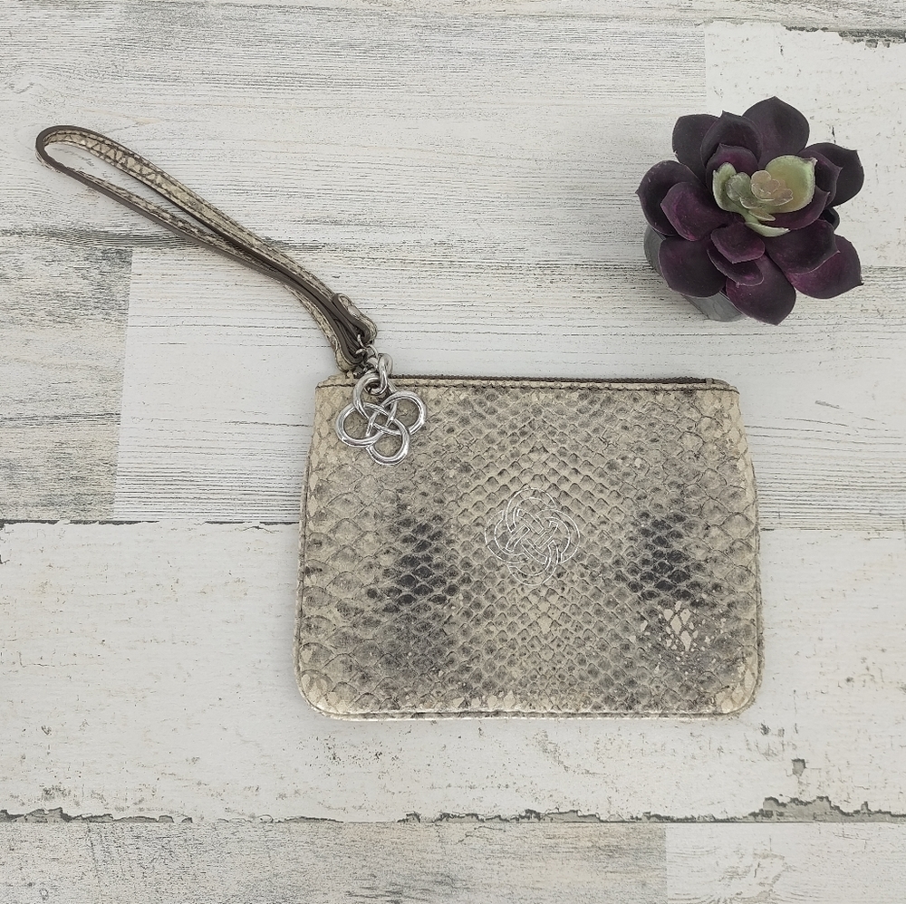 Stella & Dot Leather Gray/Cream Snakeskin Wristlet Zip Up